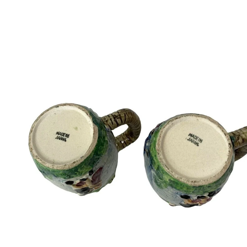 LOT of 2 Vtg 1940s Majolica Hand Painted Small Barrel Pitcher Japan 4.5